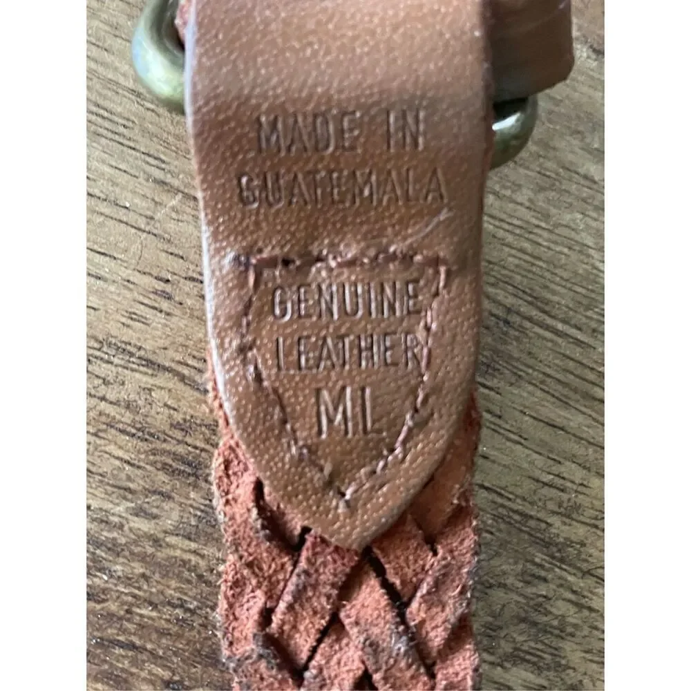Braided Tan Leather Belt with Antique Brass Buckle